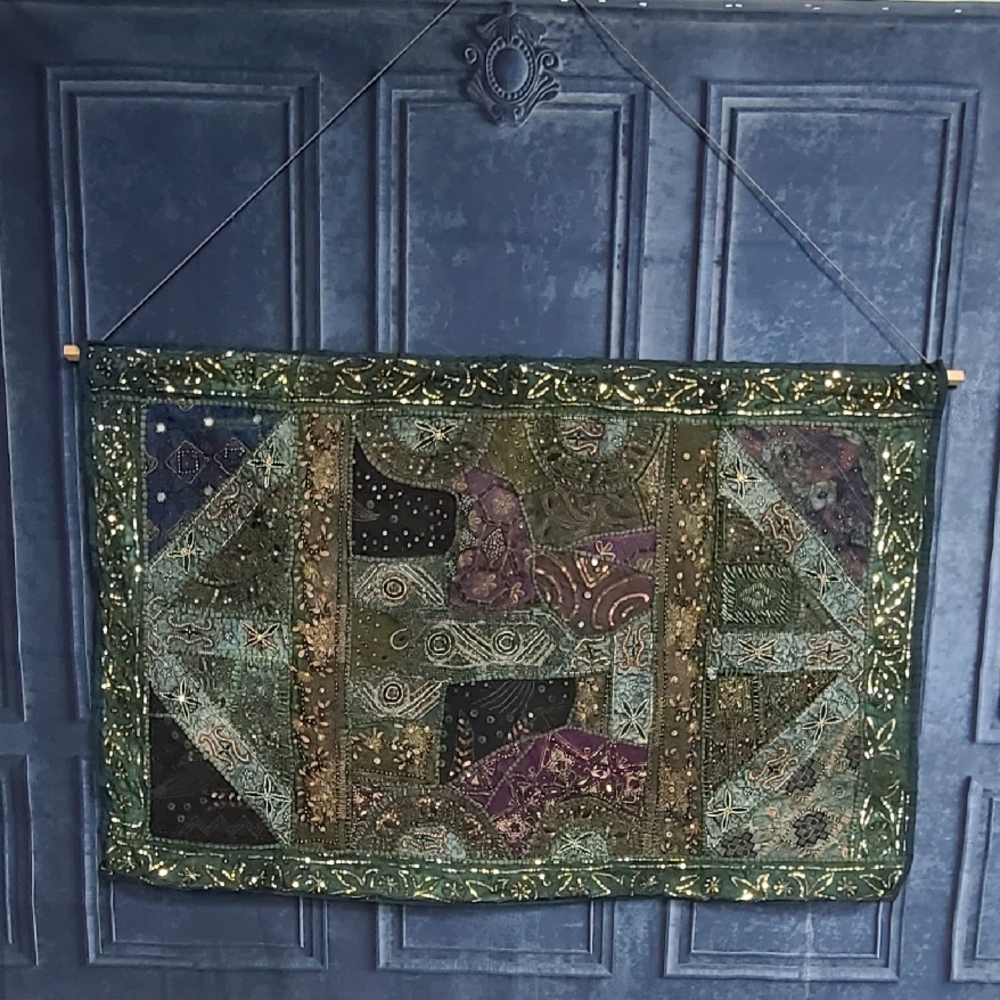 Elegant Beaded Green Tapestry Wall Hanging